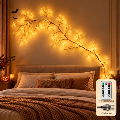 Produktbild von Goldene Lichterzweige, 2 m mit Stecker und Fernbedienung sowie 8 Lichtmodi und 4 Helligkeitsstufen für das Schlafzimmer