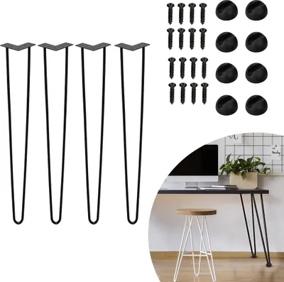 Image de Clanmacy 4x 72cm Hairpin Legs Pieds de table en épingle à cheveux 2 étriers Piètement de table DIY Patins de table Table de salle à manger Noir