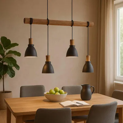 Produktbild von Lindby Hängeleuchte Trebale, 4-flg., schwarz, Holz/Metall
