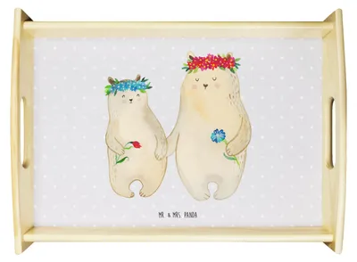 Produktbild von Mr. & Mrs. Panda betttablett Bären mit Blumenkranz - Grau Pastell - Geschenk, Töchter, Familie, Family, Bett-Tablett, holz, Mama, Kinder, Muttertag, Servier Tablett