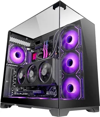 A computer case with purple LED lighting.