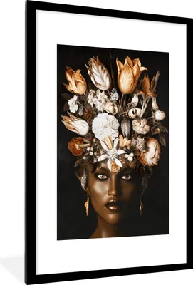 Produktbild von MuchoWow® MuchoWow® Gerahmtes Poster Frau - Blumen - Schwarz 60x90 cm - Poster mit zchwarzem Bilderrahmen - Dekoration - Wandposter Wohnzimmer - Hochwertig