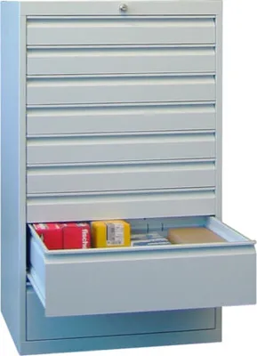 Produktbild von Werkzeug-Schubladenschrank - 1.200x715 mm - 1 Schubladenreihe - 7x100 mm, 2x200 mm - Tragkraft 50 kg - lichtgrau/himmelblau