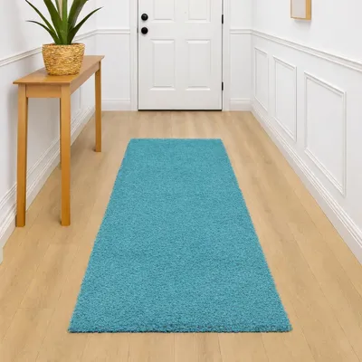 Image de Tapis moderne à poils longs, couleur turquoise aquatique – design élégant et toucher agréable. Dimensions : 80 x 150 cm