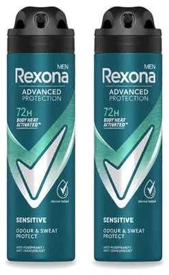 Imagen del producto de 2 aerosoles de desodorante Rexona Men Advanced Protection Sensitive, 150 ml cada uno. Paquete de 2 unidades
