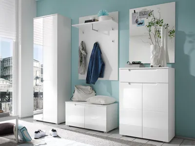 Produktbild von möbelando Flur Garderoben-Set Suzette I, MDF, Spanplatte, Kunststoff, Spiegel, Weiß Hochglanz, ca. B 230 x H 198 x T 40 cm, Garderobenbank belastbar bis 20 kg, Modern, 5-tlg. Set: Garderobenschrank, Schuhschrank, Garderobenbank, Garderobenpaneel, Spiegel, robust und stabil