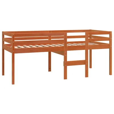 A wooden loft bed with a slatted base and safety rails, shown against a white background.