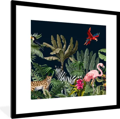Produktbild von MuchoWow® Gerahmtes Poster Dschungel - Pflanzen - Tiere - Kinder - Flamingo - Zebra 40x40 cm - Poster mit Schwarzem Bilderrahmen Wandposter Rahmen Foto Bilder - Poster - Plakat im Rahmen