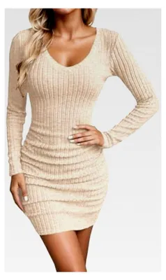 Produktbild von Damen Pulloverkleid Winter Langarm V-Ausschnitt Strickkleid Bodycon Kleid Enges Kleid Herbst Freizeitkleid Stretch Bleistiftkleid Minikleid Sweater Partykleid