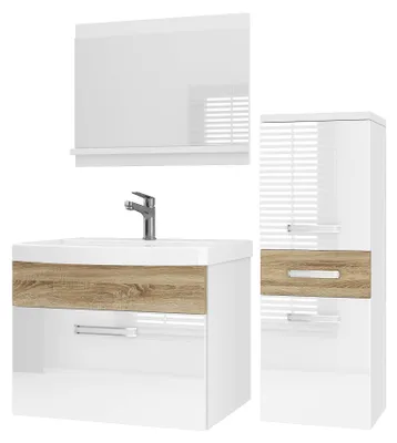 Immagine prodotto di Set di mobili da bagno BELINI PRI PM2 90 cm bianco/rovere Sonoma lucido - Mobile da bagno moderno con lavabo e specchio, completamente accessoriato, montaggio a parete
