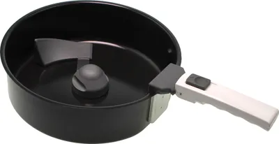 A black multicooker bowl with a detachable handle and a mixing attachment inside.