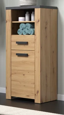 A tall, narrow cabinet with a wood-grain finish and dark gray top, standing against a light gray wall.