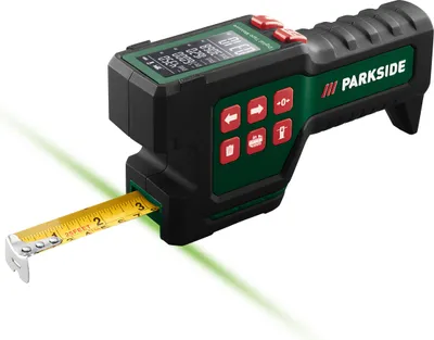 A digital measuring tool with a tape measure extended and a green laser line projected.