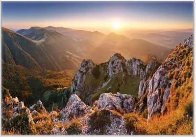 Produktbild von Wallario Wandbild Berglandschaft mit Sonnenuntergang in der Slowakei, Größe: 70,30 x 100,30 cm, Poster mit weißem Kunststoffrahmen