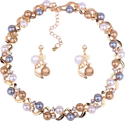 Produktbild von Elegante Frauen Faux Perle Strass Halskette Ohr Stud Ohrringe Party Schmuck Set-Golden