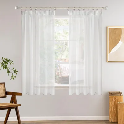 Productafbeelding van Gordijnen met plooiband - Set van 2 gordijnen - Vitrage - Voile gordijnen - Voor woonkamer - Transparant - Wit - Voor slaapkamer