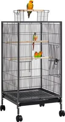 Produktbild von Yaheetech Vogelkäfig mit Holzstangen, Vogelvoliere mit offenem Dach und 360° drehbaren Rollen, 2 Futternäpfe & Schublade, großer Raum für Vögel, 45,5x45,5x100,5 cm Schwarz