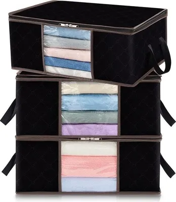 Immagine prodotto di Borsa porta abiti, pieghevole, con maniglia rinforzata, materiale robusto, finestra di visualizzazione, per maglioni, giacche, magliette, coperte, 3 pezzi, 35 l, NERO