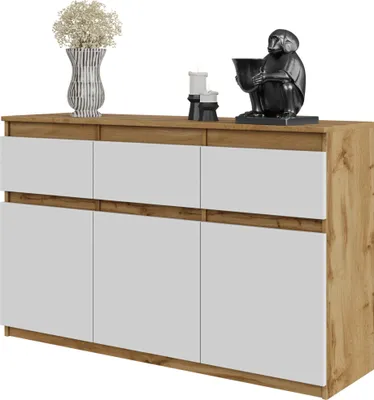 Obrázok produktu pre FURNICA - NOAH - Komoda / príborník s 3 zásuvkami a 3 dvierkami - dub Wotan / biely mat V75cm Š120cm D35cm