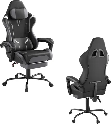 Image de ROSEJANE : Fauteuil de gaming ergonomique avec repose-pieds et fonction de massage. Siège de gaming avec dossier réglable, coussins pour la tête et le bas du dos, et accoudoirs. Couleur : noir, blanc, gris