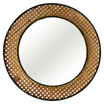 Image de Miroir mural miroir à suspendre miroir décoratif rotin Desingn rond noir/or Ø 40 cm