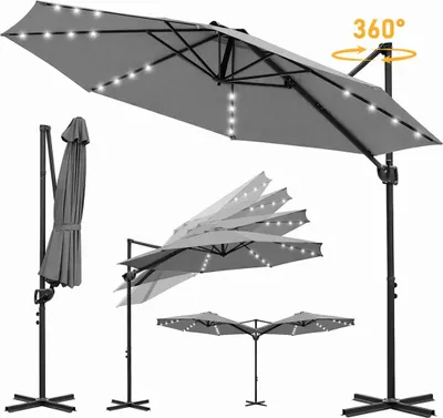 Produktbild von Izrielar Sonnenschirm Ampelschirm 3x3 m Grau mit Solar LED, 360° drehbar & 0–60° neigbar, UV50+ wasserabweisend, Kurbel, Garten Terrasse Balkon