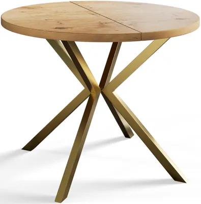 Produktbild von Alpi Moebel, Runder Esstisch Loft Liten, Modern Ausziehbarer Tisch 100-180 cm, Hellbraun mit Gold Metallbeinen