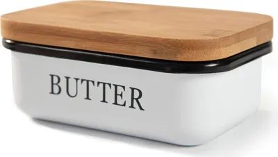 Produktbild von Theo&Cleo Butterdose mit Holzdeckel, Butterglocke für 250 g Butter, Multi-Funktion Butter Dish, Edlem & Nachhaltigem Bambusdeckel, (Weiß)