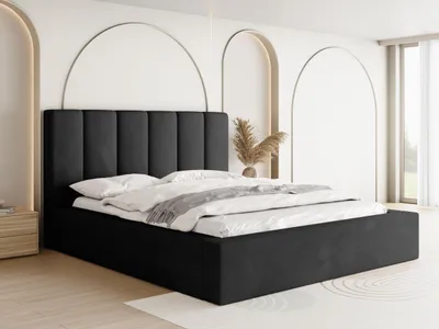 Obrázek produktu pro Čalouněná postel 200x200 s roštovým rámem - Postel s vysokým čelem, bucle nebo sametová látka - Moderní manželská postel s úložným prostorem - Rám postele, bez matrace - Amira - černá