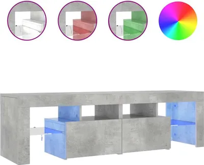 A concrete-effect TV stand with blue LED lighting.