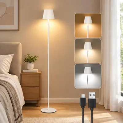 Immagine prodotto di Lampada da terra LED per soggiorno, lampada adatta per camera da letto, studio, ufficio, bianca, con batteria, ricaricabile tramite USB, dimmerabile, altezza 125 cm, design moderno
