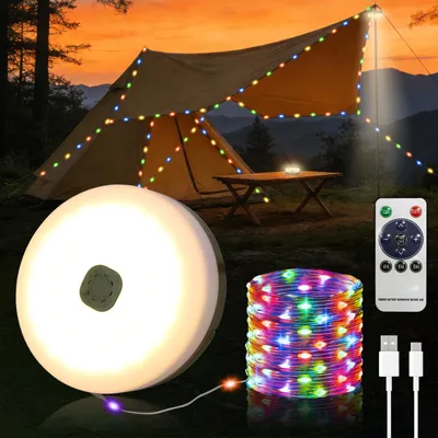 Produktbild von Camping Lichterkette Aufrollbar Solar,10M USB Wiederaufladbare LED Lichterkette mit 3 Beleuchtungsmodi, Tragbare Vielseitige Campinglampe Lichterkette