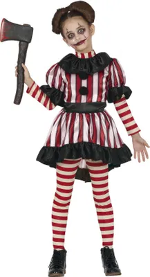 Productafbeelding van Clown Halloween kostuum, spookthema, circus, strepen, rood, griezelig gezicht, voor kinderen, leuk, maat: 110/116, kleur: zwart