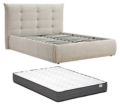 Produktbild von Bett mit Bettkasten 160 x 200 cm mit gestepptem Kopfteil – Stoff – Beige + Matratze - DORMELINA