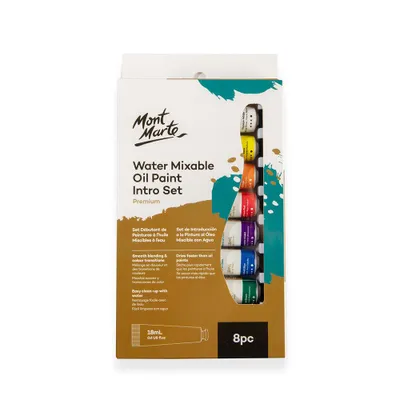 Produktbild von Mont Marte Wasserlösliche Ölfarben Set – 8 x 18ml – Ideal für Ölmalerei, vielseitig kombinierbar – Brillante Lichtechte Farben mit großer Deckkraft