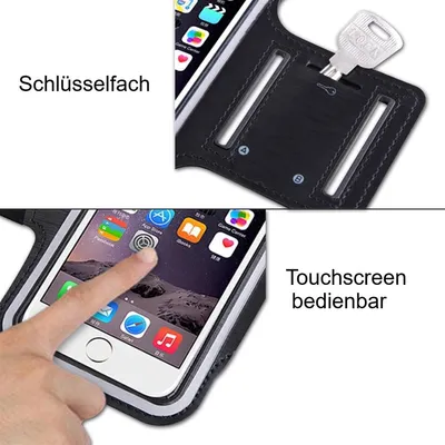 A collage showing a sports armband for a smartphone, with one image highlighting a key compartment and the other showing a finger interacting with the touchscreen.