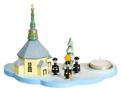 Imagen del producto de Soporte para velas con motivos de la iglesia de Seiffen y la "Kurrende", apto para velas pequeñas, coloridas. Altura aproximada: 13 cm. Producto nuevo