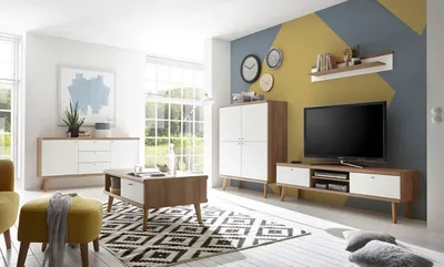 Productafbeelding van Woonkamer set Merle, 427 cm, eiken Riviera / mat wit. Bestaat uit een wandmeubel en een dressoir