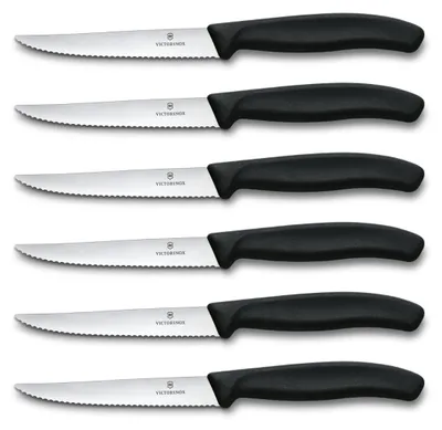 Produktbild von Victorinox Swiss Classic Profi Steak- und Pizzamesser-Set, 6-teilig, Tafelmesser, Wellenschliff, Scharfe Klingen, 11 cm, Robuste Kunststoffgriffe, Schwarz