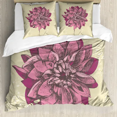 Produktbild von ABAKUHAUS Boho Bettbezug, Dahlia Blume Bohemian, Milbensicher Allergiker geeignet mit Kissenbezügen, 155 cm x 220 cm - 80 x 80 cm, lila Khaki
