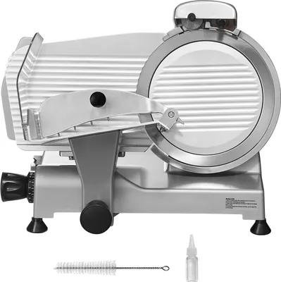 Image de Trancheur de viande SucceBuy, trancheur universel électrique 340 W pour gourmets. lame de 10 pouces en acier inoxydable SUS420 avec pierre à aiguiser intégrée. Épaisseur réglable de 0 à 0,6 pouce pour un usage commercial ou privé. Couper la viande et le fromage