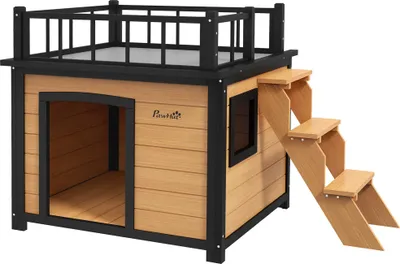 Produktbild von PawHut Hundehütte Hundehaus mit Balkon Erhöhtes Kleintierhaus mit Treppe Fenster