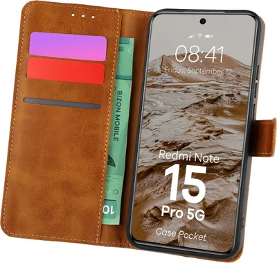 Produktbild von Handyhülle mit Klappe für Xiaomi Redmi Note 15 Pro 5G, Bizon Case Pocket, Braun
