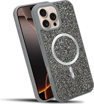 Image de Cadorabo Housse pour Apple iPhone 16 PRO MAX Housse pailletée compatible avec MagSafe en GRIS Housse magnétique Sparkle Diamond pour Apple iPhone 16 PRO MAX antichoc Diamant Crystal Housse de protection avec force magnétique
