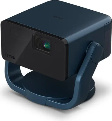 A dark blue Epson mini projector with a black front panel sits on a rotating base.