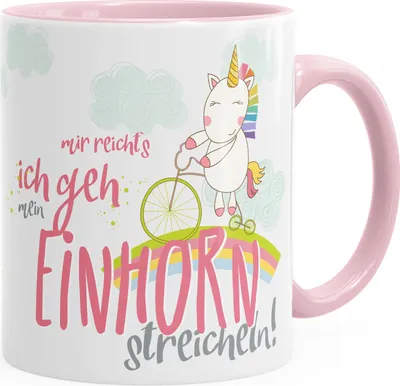 Produktbild von Tasse Einhorn auf Fahrrad "Mir reichts ich geh mein Einhorn streicheln" Spruch Tasse mit Innenfarbe MoonWorks® rosa unisize