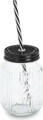 Produktbild von ZELLER 19653 Trinkglas 480 ml mit Metalldeckel und Strohhalm, ca. Ø 8 x 13 cm