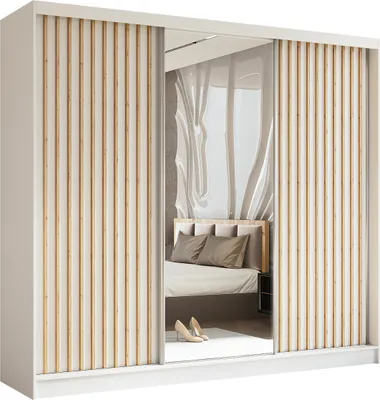 A wardrobe with sliding doors and a mirror, reflecting a bedroom scene.