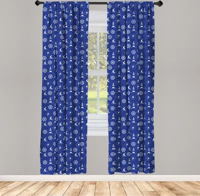 Obrázok produktu pre ABAKUHAUS Maják Záclony, závesy, námorné siluety Kompas Lode a kormidlo Námorná dekorácia, 2 kusy 75 x 245 cm, fialová, modrá, biela