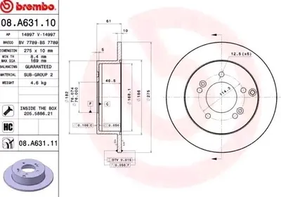 Produktbild von 2x BREMBO 08.A631.11 Bremsscheibe Hinterachse